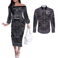 Custom New Zealand Taiaha Maori Couples Matching Off The Shoulder Long Sleeve Dress and Long Sleeve Button Shirt Minimalist Silver Fern All Black - Polynesian Pride