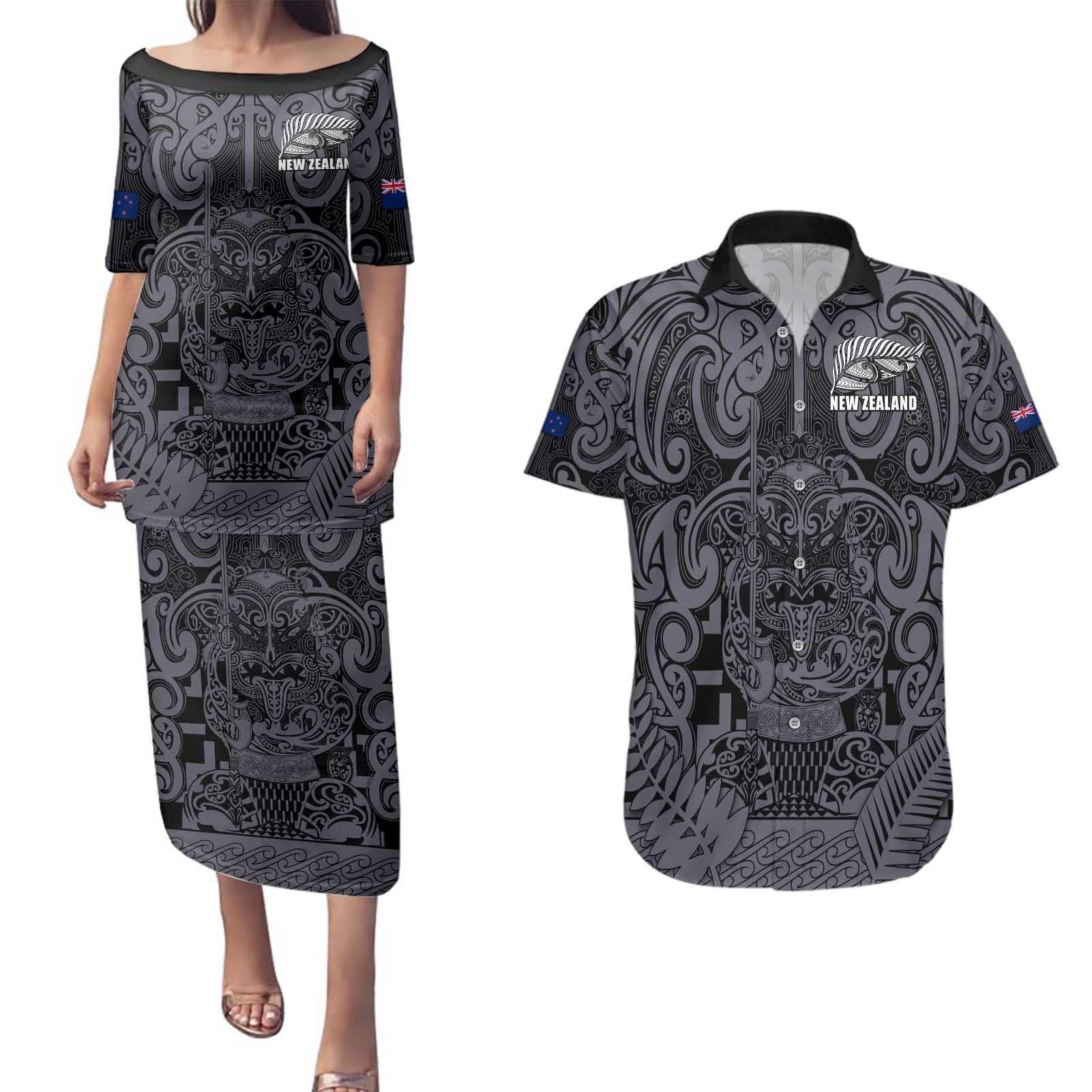 Custom New Zealand Taiaha Maori Couples Matching Puletasi and Hawaiian Shirt Minimalist Silver Fern All Black - Polynesian Pride