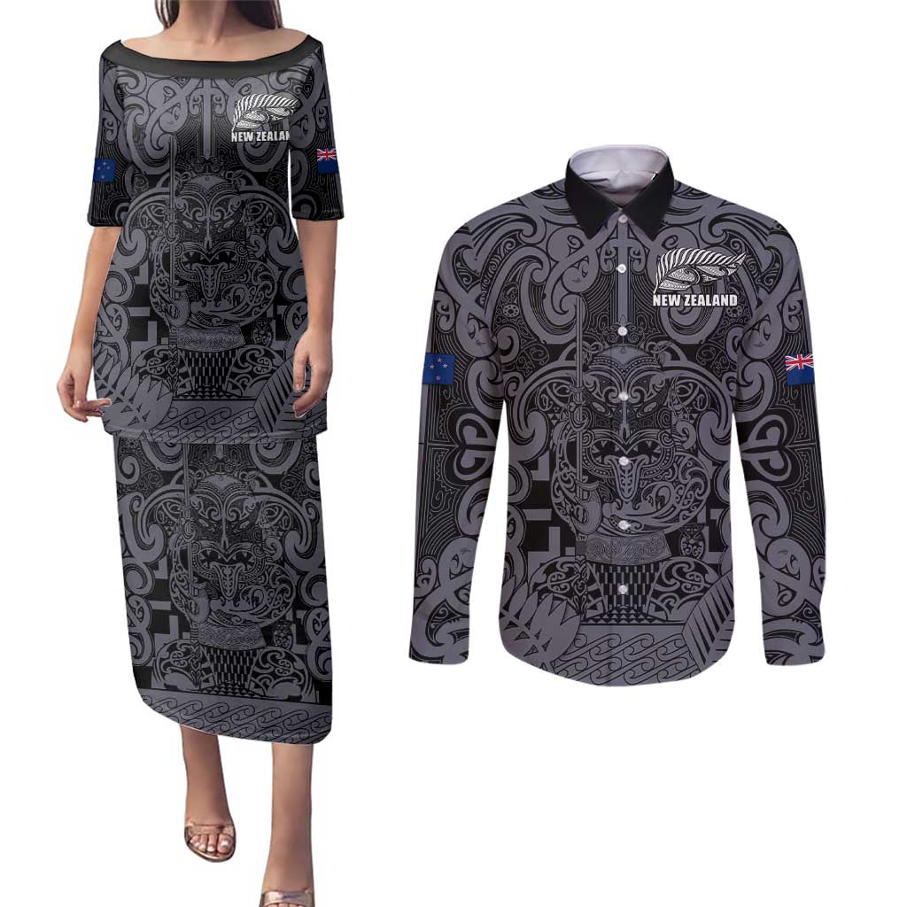 Custom New Zealand Taiaha Maori Couples Matching Puletasi and Long Sleeve Button Shirt Minimalist Silver Fern All Black - Polynesian Pride