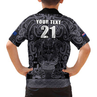 Custom New Zealand Taiaha Maori Family Matching Off The Shoulder Long Sleeve Dress and Hawaiian Shirt Minimalist Silver Fern All Black - Polynesian Pride