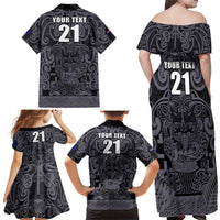 Custom New Zealand Taiaha Maori Family Matching Off Shoulder Maxi Dress and Hawaiian Shirt Minimalist Silver Fern All Black - Polynesian Pride