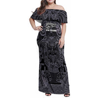 Custom New Zealand Taiaha Maori Family Matching Off Shoulder Maxi Dress and Hawaiian Shirt Minimalist Silver Fern All Black - Polynesian Pride
