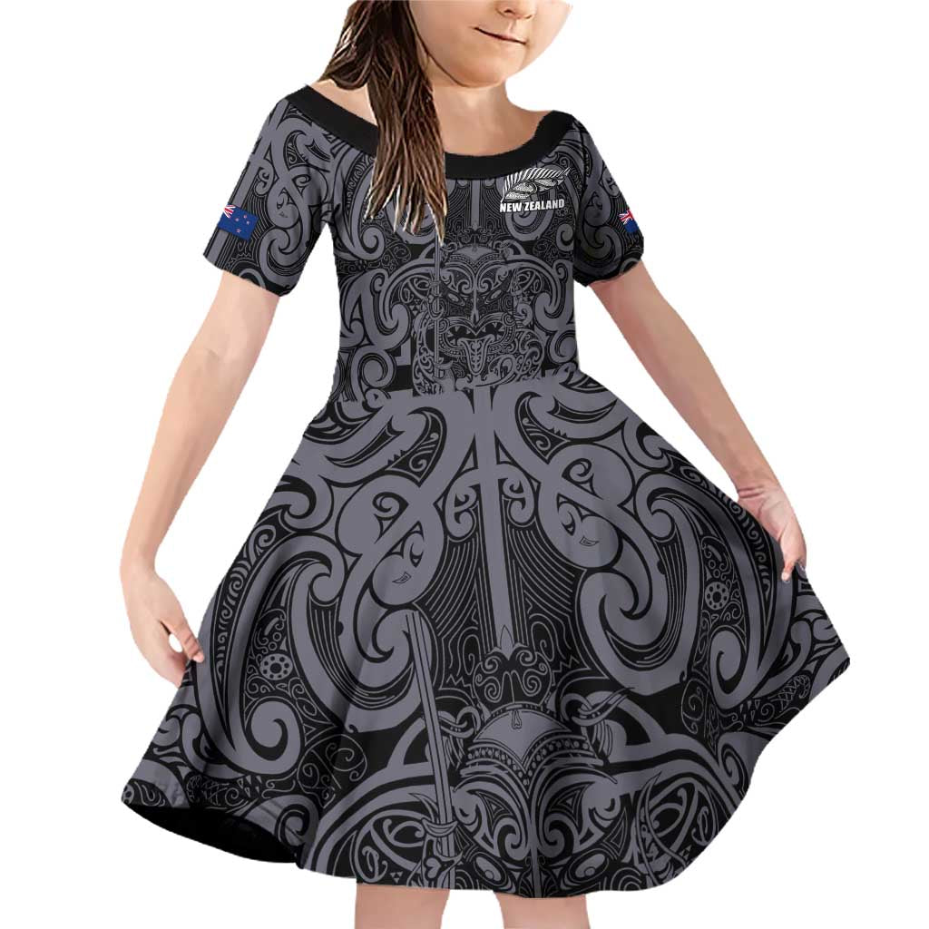 Custom New Zealand Taiaha Maori Family Matching Off Shoulder Short Dress and Hawaiian Shirt Minimalist Silver Fern All Black - Polynesian Pride