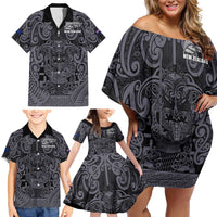 Custom New Zealand Taiaha Maori Family Matching Off Shoulder Short Dress and Hawaiian Shirt Minimalist Silver Fern All Black - Polynesian Pride