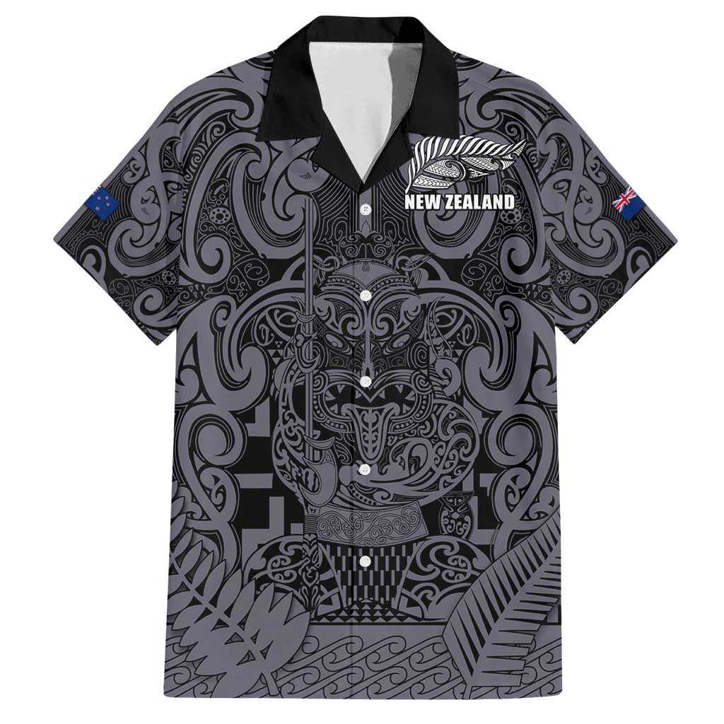 Custom New Zealand Taiaha Maori Family Matching Off Shoulder Short Dress and Hawaiian Shirt Minimalist Silver Fern All Black - Polynesian Pride