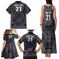 Custom New Zealand Taiaha Maori Family Matching Tank Maxi Dress and Hawaiian Shirt Minimalist Silver Fern All Black - Polynesian Pride