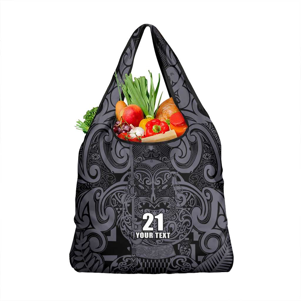 Custom New Zealand Taiaha Maori Grocery Bag Minimalist Silver Fern All Black - Polynesian Pride