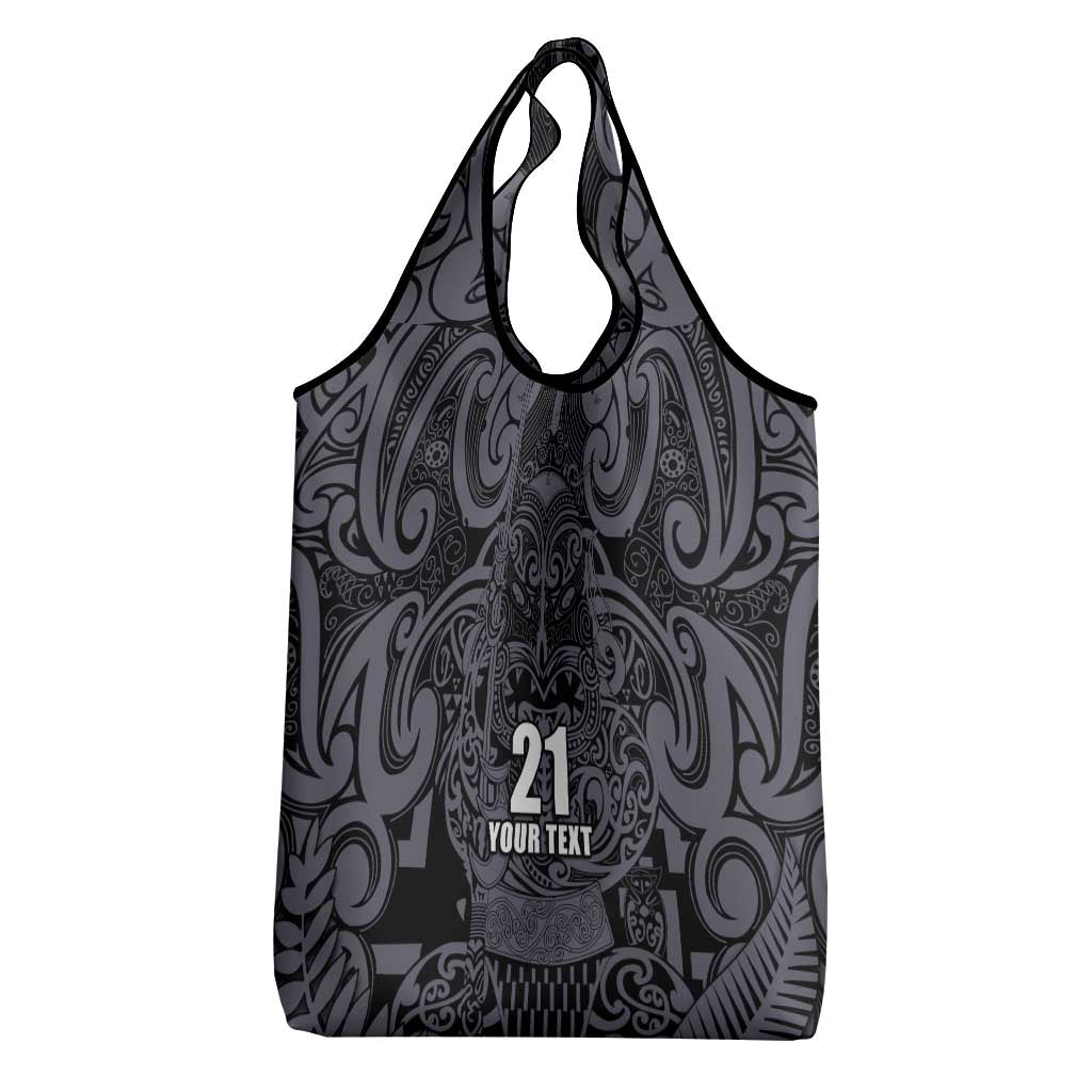 Custom New Zealand Taiaha Maori Grocery Bag Minimalist Silver Fern All Black - Polynesian Pride