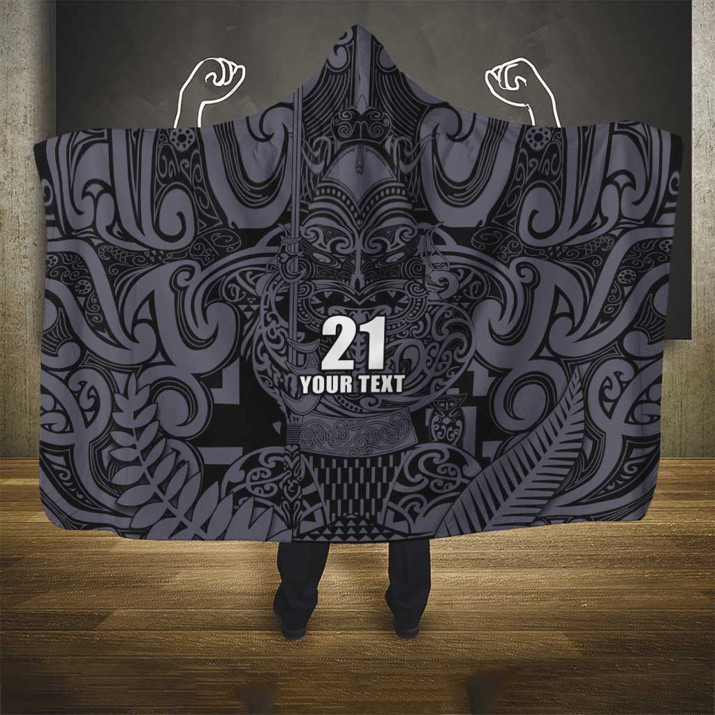Custom New Zealand Taiaha Maori Hooded Blanket Minimalist Silver Fern All Black - Polynesian Pride