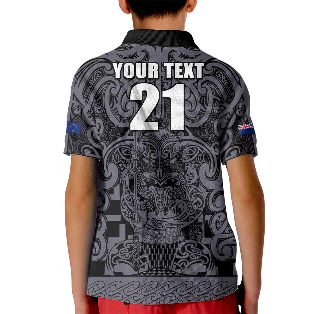 Custom New Zealand Taiaha Maori Kid Polo Shirt Minimalist Silver Fern All Black - Polynesian Pride