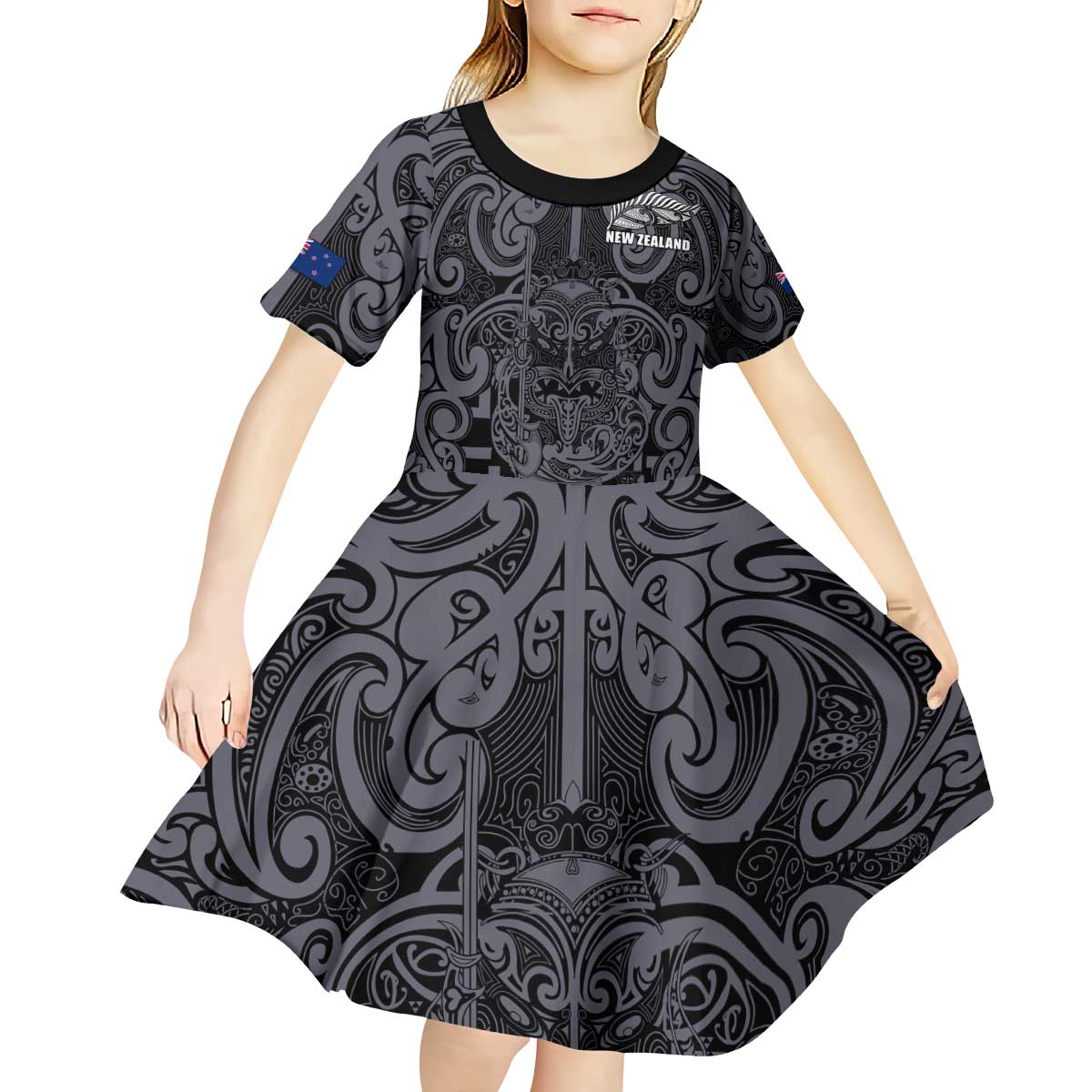 Custom New Zealand Taiaha Maori Kid Short Sleeve Dress Minimalist Silver Fern All Black - Polynesian Pride