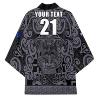 Custom New Zealand Taiaha Maori Kimono Minimalist Silver Fern All Black - Polynesian Pride