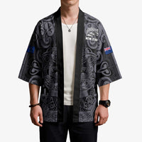 Custom New Zealand Taiaha Maori Kimono Minimalist Silver Fern All Black - Polynesian Pride