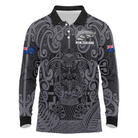 Custom New Zealand Taiaha Maori Long Sleeve Polo Shirt Minimalist Silver Fern All Black - Polynesian Pride