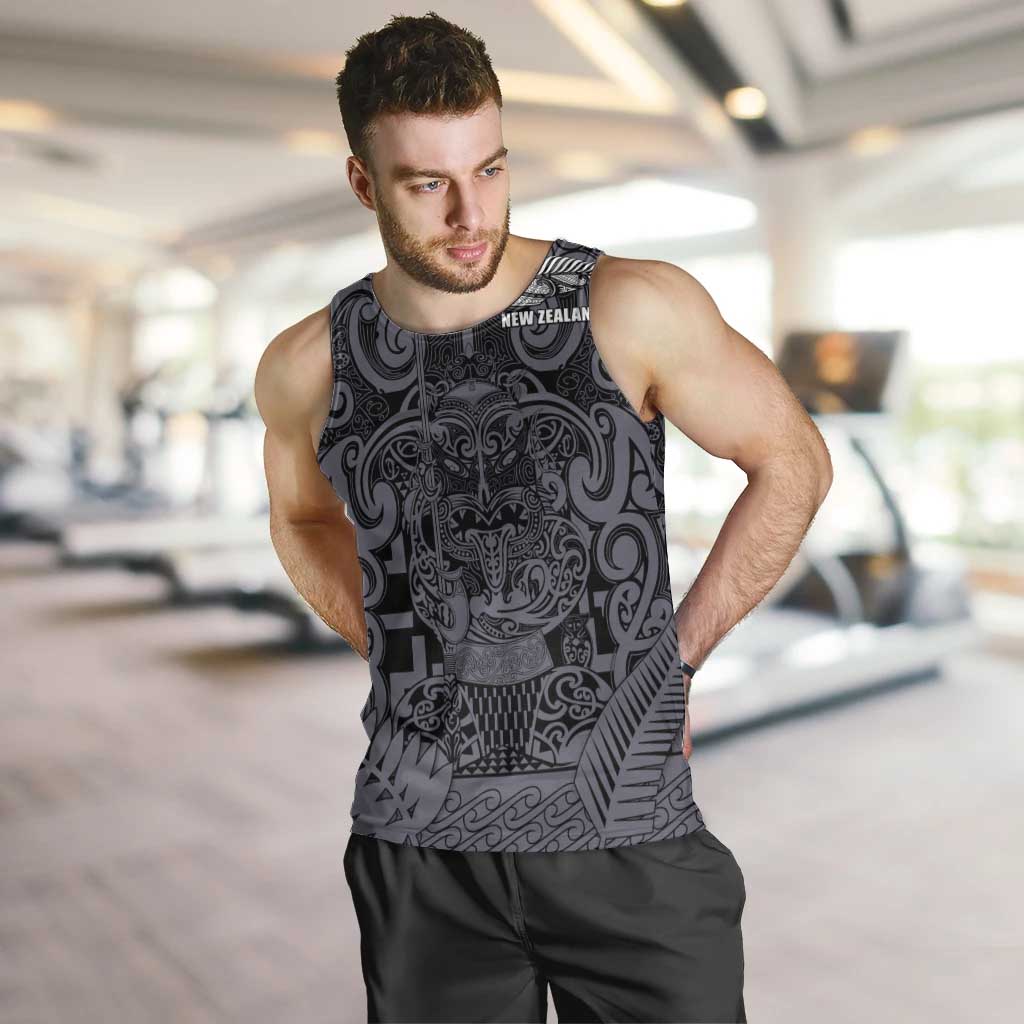 Custom New Zealand Taiaha Maori Men Tank Top Minimalist Silver Fern All Black - Polynesian Pride