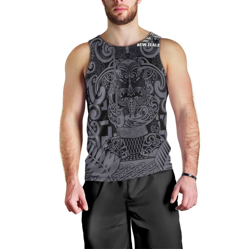 Custom New Zealand Taiaha Maori Men Tank Top Minimalist Silver Fern All Black - Polynesian Pride