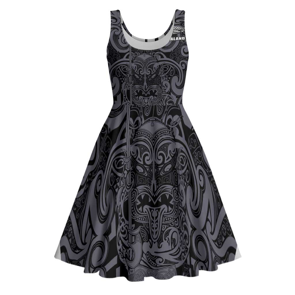 Custom New Zealand Taiaha Maori Midi Dress Minimalist Silver Fern All Black - Polynesian Pride