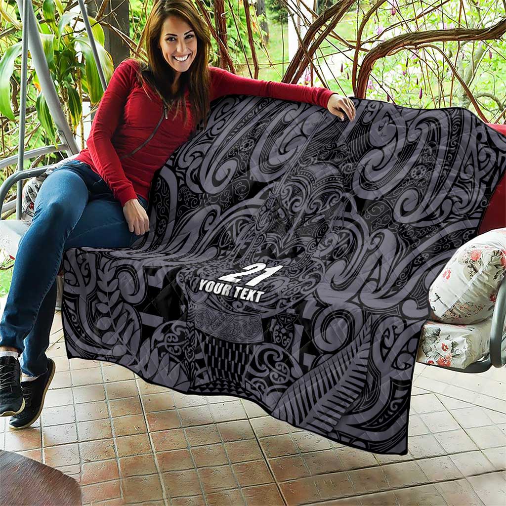 Custom New Zealand Taiaha Maori Quilt Minimalist Silver Fern All Black - Polynesian Pride