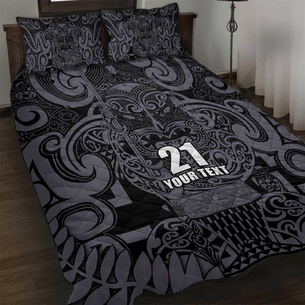 Custom New Zealand Taiaha Maori Quilt Bed Set Minimalist Silver Fern All Black - Polynesian Pride