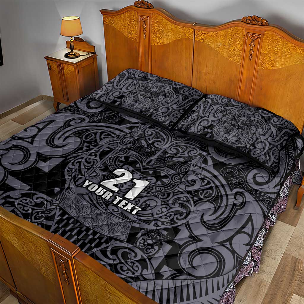 Custom New Zealand Taiaha Maori Quilt Bed Set Minimalist Silver Fern All Black - Polynesian Pride