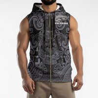 Custom New Zealand Taiaha Maori Sleeveless Zip Hoodie Minimalist Silver Fern All Black - Polynesian Pride