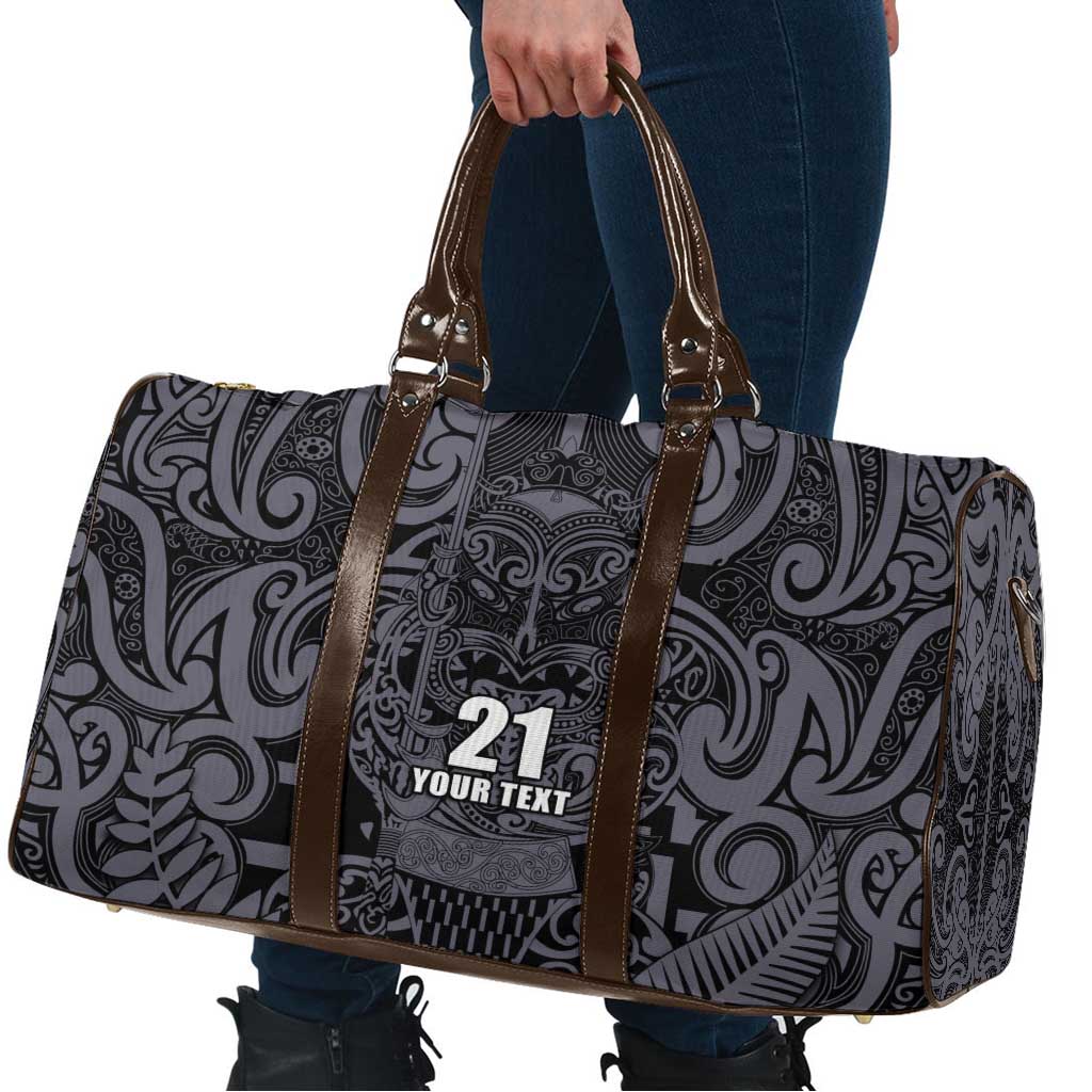Custom New Zealand Taiaha Maori Travel Bag Minimalist Silver Fern All Black - Polynesian Pride