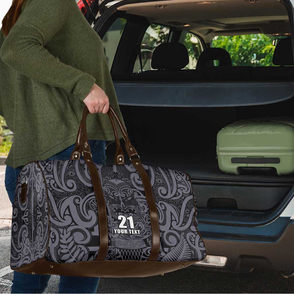 Custom New Zealand Taiaha Maori Travel Bag Minimalist Silver Fern All Black - Polynesian Pride