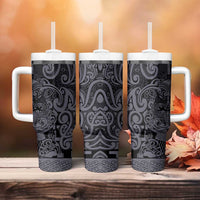 New Zealand Taiaha Maori Tumbler With Handle Minimalist Silver Fern All Black