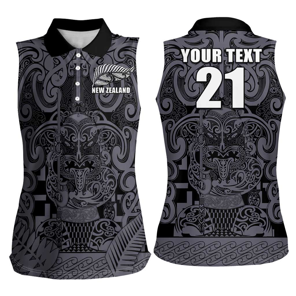 Custom New Zealand Taiaha Maori Women Sleeveless Polo Shirt Minimalist Silver Fern All Black - Polynesian Pride