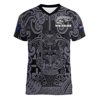 Custom New Zealand Taiaha Maori Women V-Neck T-Shirt Minimalist Silver Fern All Black - Polynesian Pride