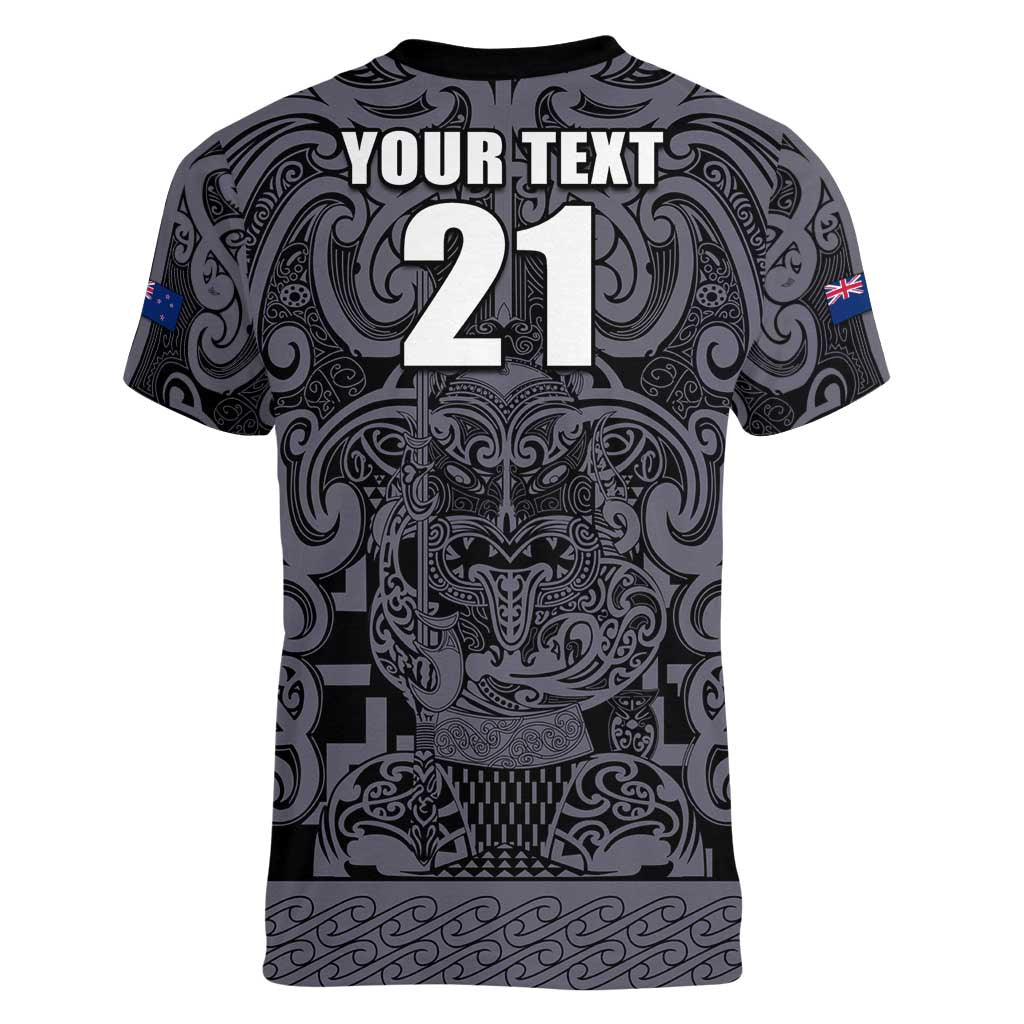 Custom New Zealand Taiaha Maori Women V-Neck T-Shirt Minimalist Silver Fern All Black - Polynesian Pride