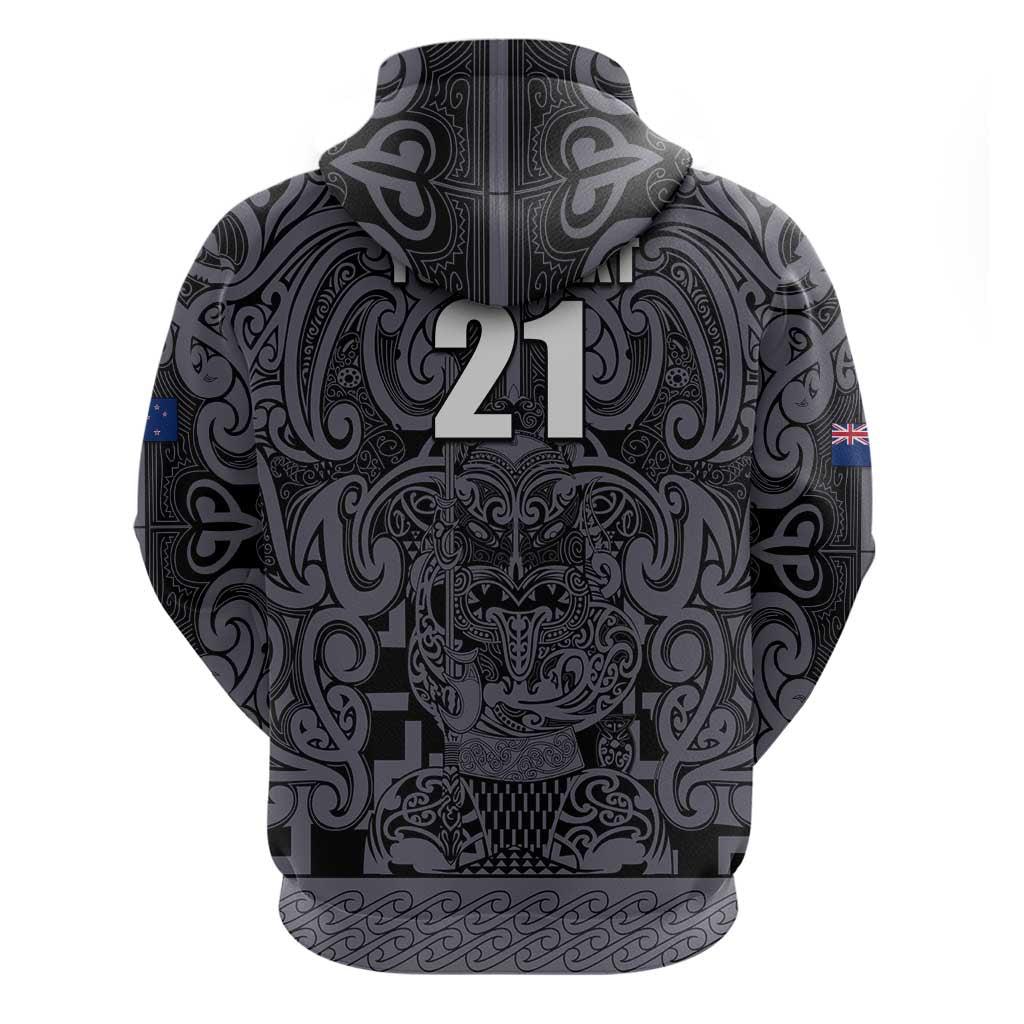 Custom New Zealand Taiaha Maori Zip Hoodie Minimalist Silver Fern All Black - Polynesian Pride