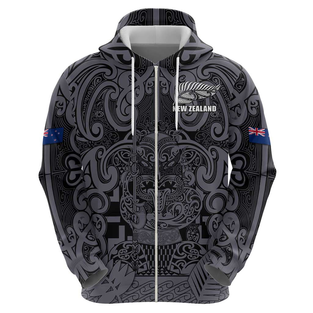 Custom New Zealand Taiaha Maori Zip Hoodie Minimalist Silver Fern All Black - Polynesian Pride