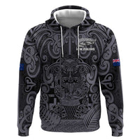 Custom New Zealand Taiaha Maori Zip Hoodie Minimalist Silver Fern All Black - Polynesian Pride