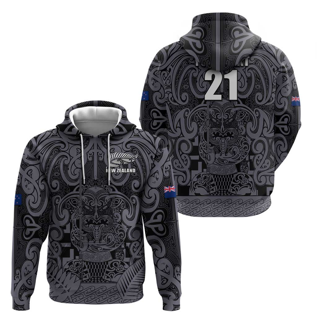 Custom New Zealand Taiaha Maori Zip Hoodie Minimalist Silver Fern All Black - Polynesian Pride