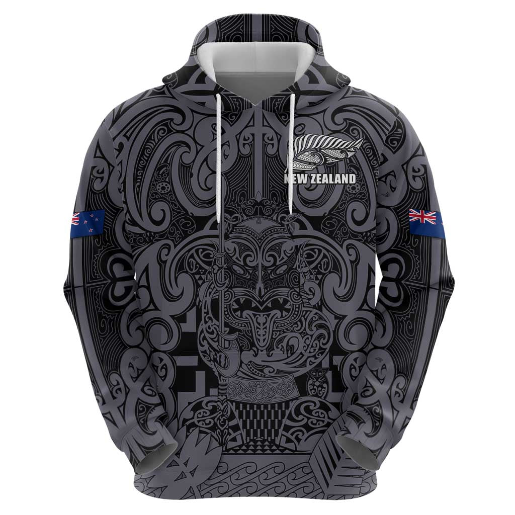Custom New Zealand Taiaha Maori Zip Hoodie Minimalist Silver Fern All Black - Polynesian Pride