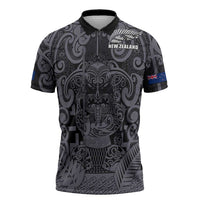 Custom New Zealand Taiaha Maori Zipper Polo Shirt Minimalist Silver Fern All Black - Polynesian Pride