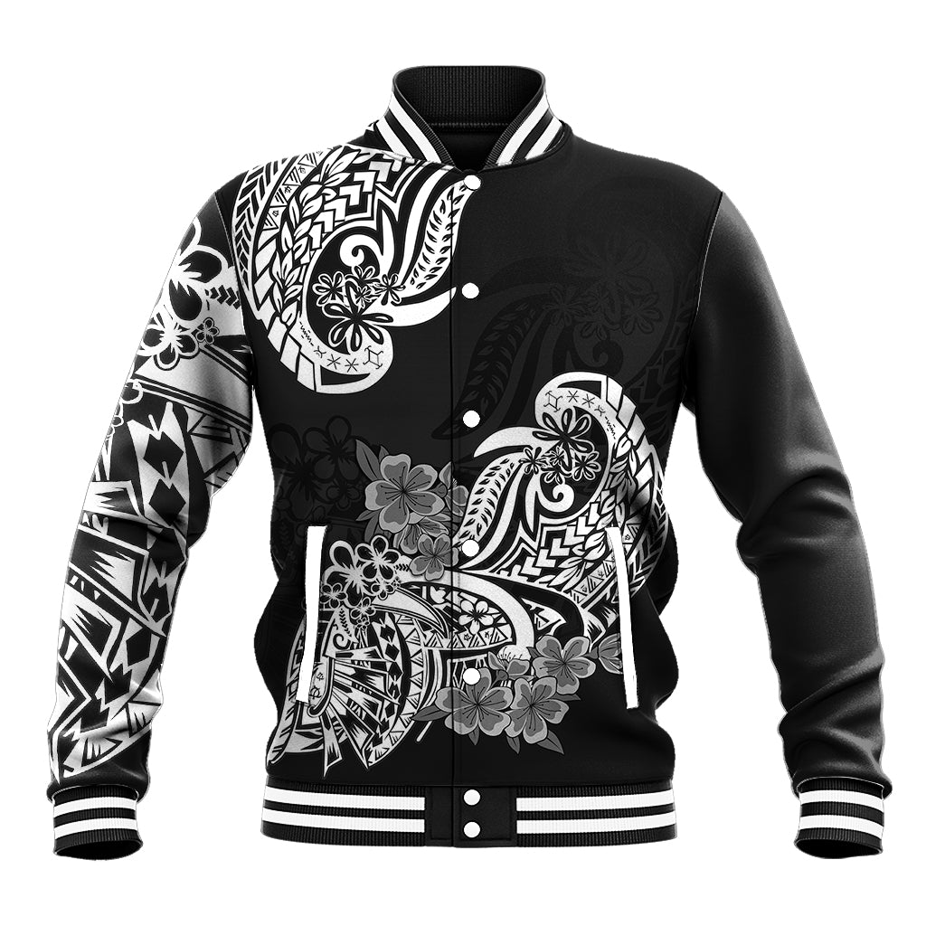 Polynesian Baseball Jacket Pacific Flower Mix Floral Tribal Tattoo Black Vibe LT9 Unisex Black - Polynesian Pride
