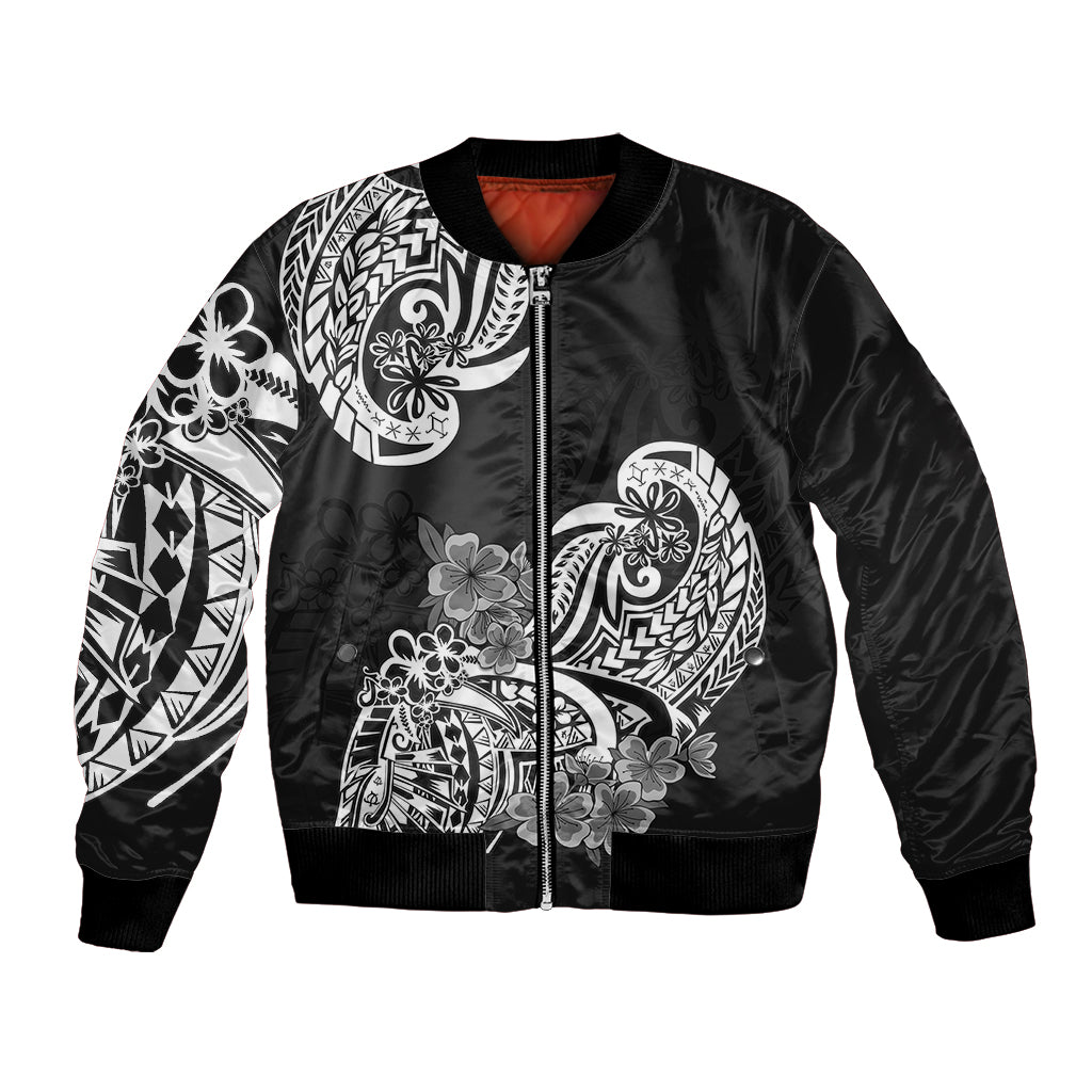 Polynesian Bomber Jacket Pacific Flower Mix Floral Tribal Tattoo Black Vibe LT9 Unisex Black - Polynesian Pride
