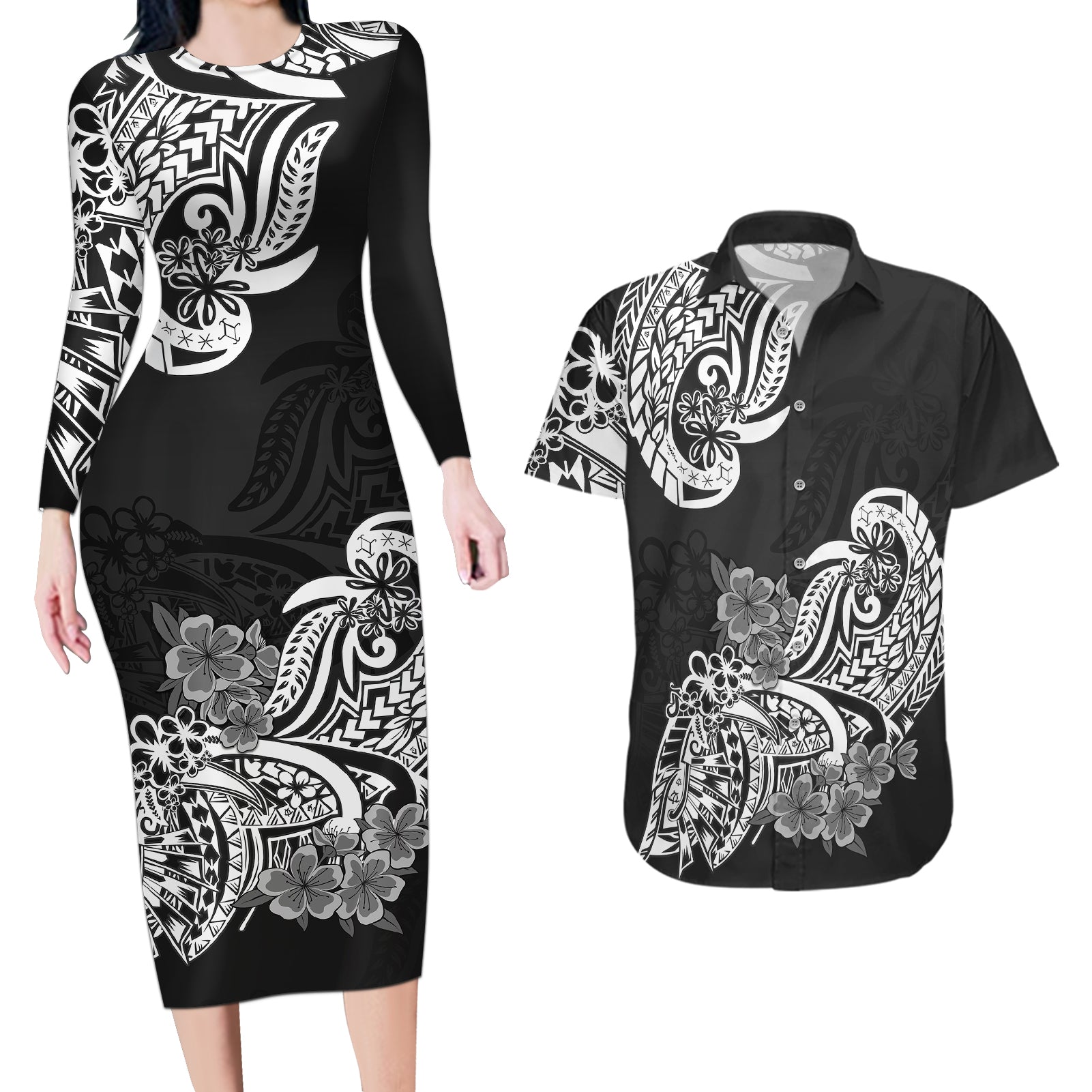 Polynesian Couples Matching Long Sleeve Bodycon Dress and Hawaiian Shirt Pacific Flower Mix Floral Tribal Tattoo Black Vibe LT9 Black - Polynesian Pride