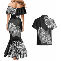 Polynesian Couples Matching Mermaid Dress And Hawaiian Shirt Pacific Flower Mix Floral Tribal Tattoo Black Vibe LT9 - Polynesian Pride