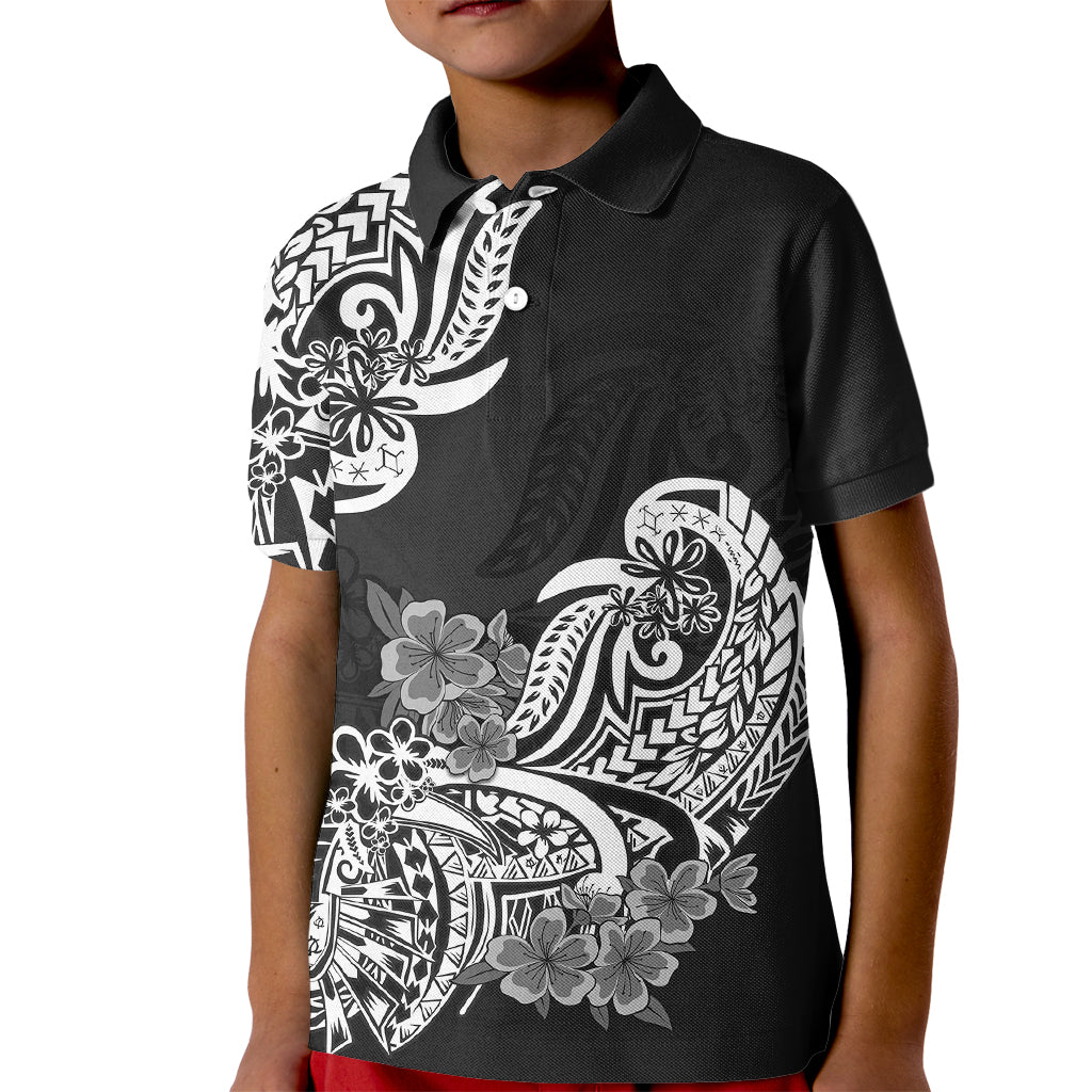 Polynesian Kid Polo Shirt Pacific Flower Mix Floral Tribal Tattoo Black Vibe LT9 Kid Black - Polynesian Pride