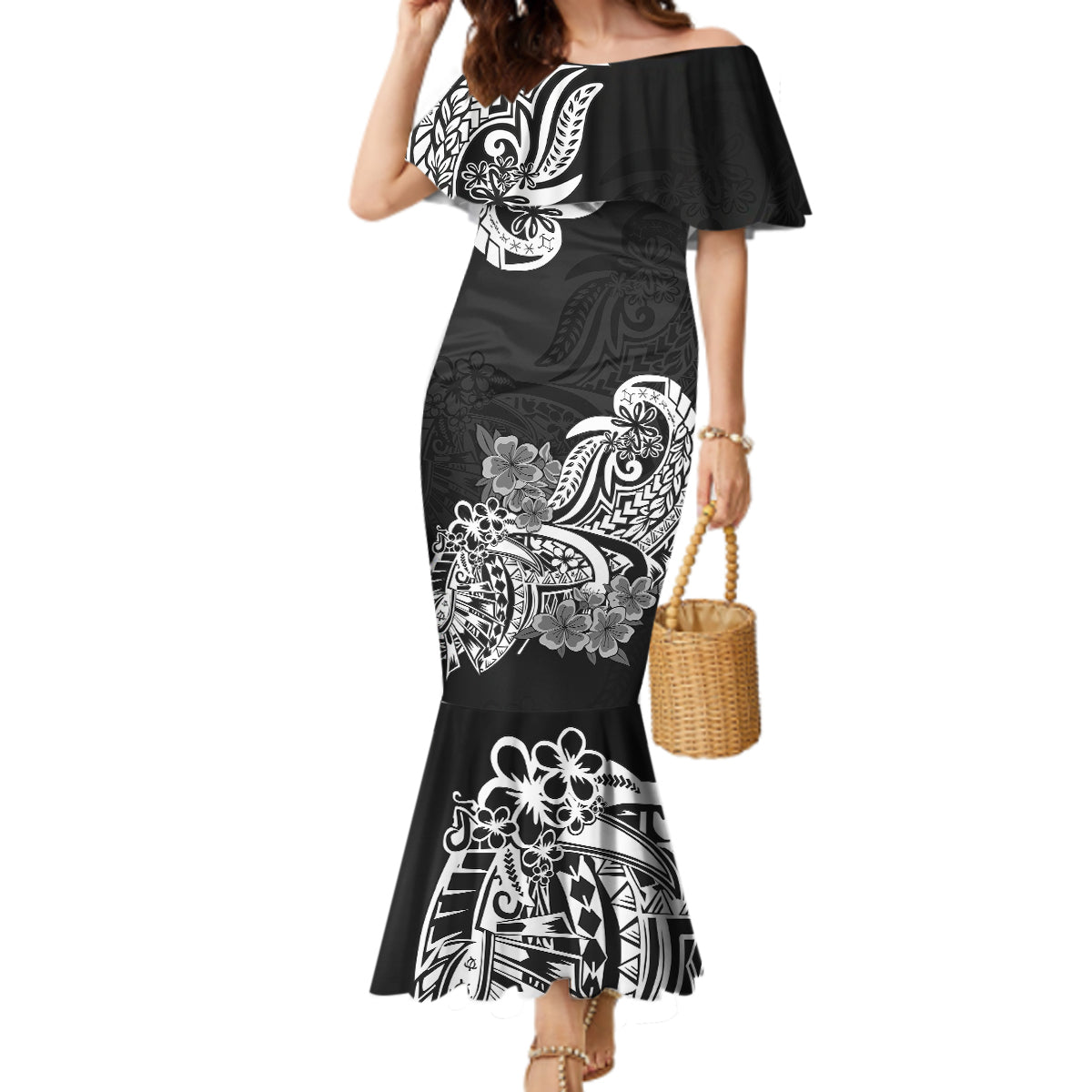 Polynesian Mermaid Dress Pacific Flower Mix Floral Tribal Tattoo Black Vibe LT9 Women Black - Polynesian Pride