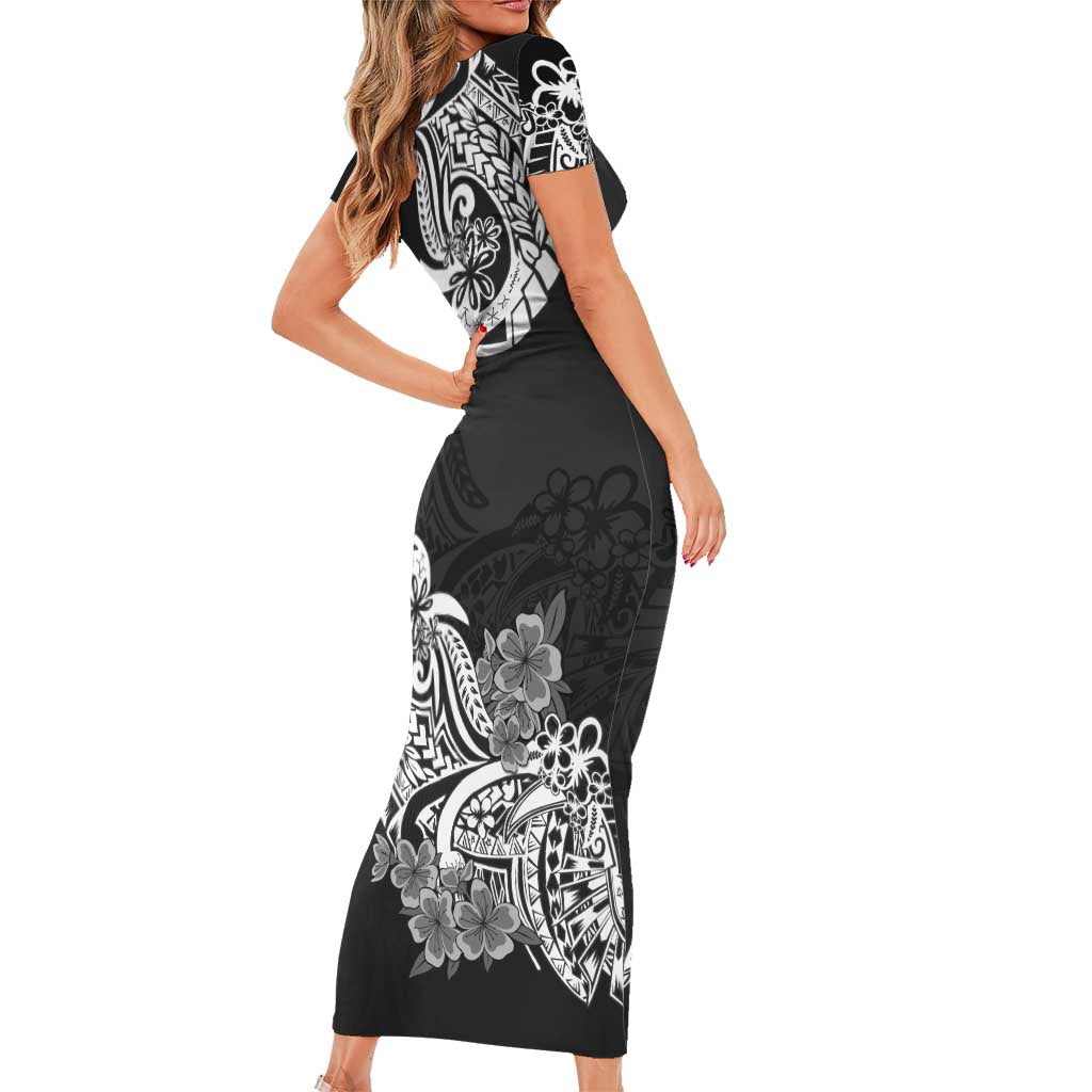 Polynesian Short Sleeve Bodycon Dress Pacific Flower Mix Floral Tribal Tattoo Black Vibe LT9