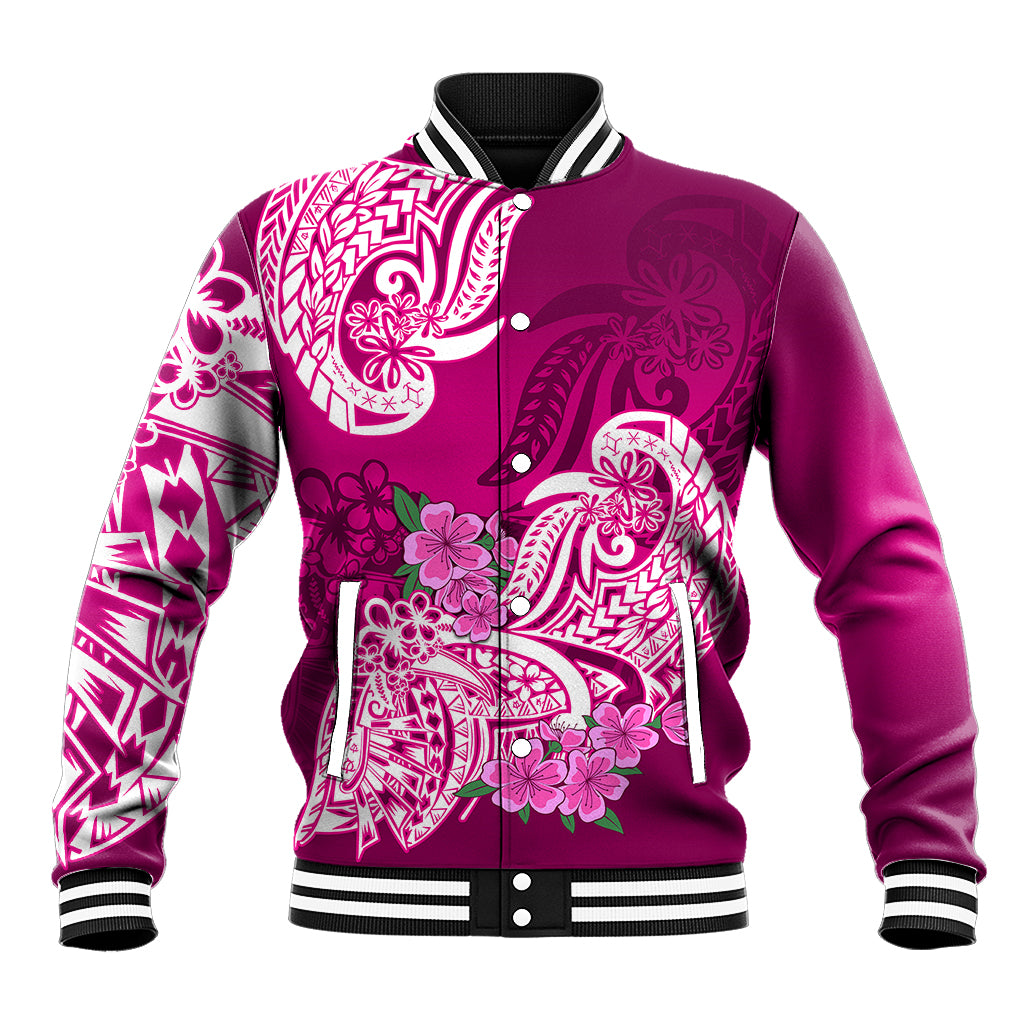 Polynesian Baseball Jacket Pacific Flower Mix Floral Tribal Tattoo Pink Vibe LT9 Unisex Pink - Polynesian Pride