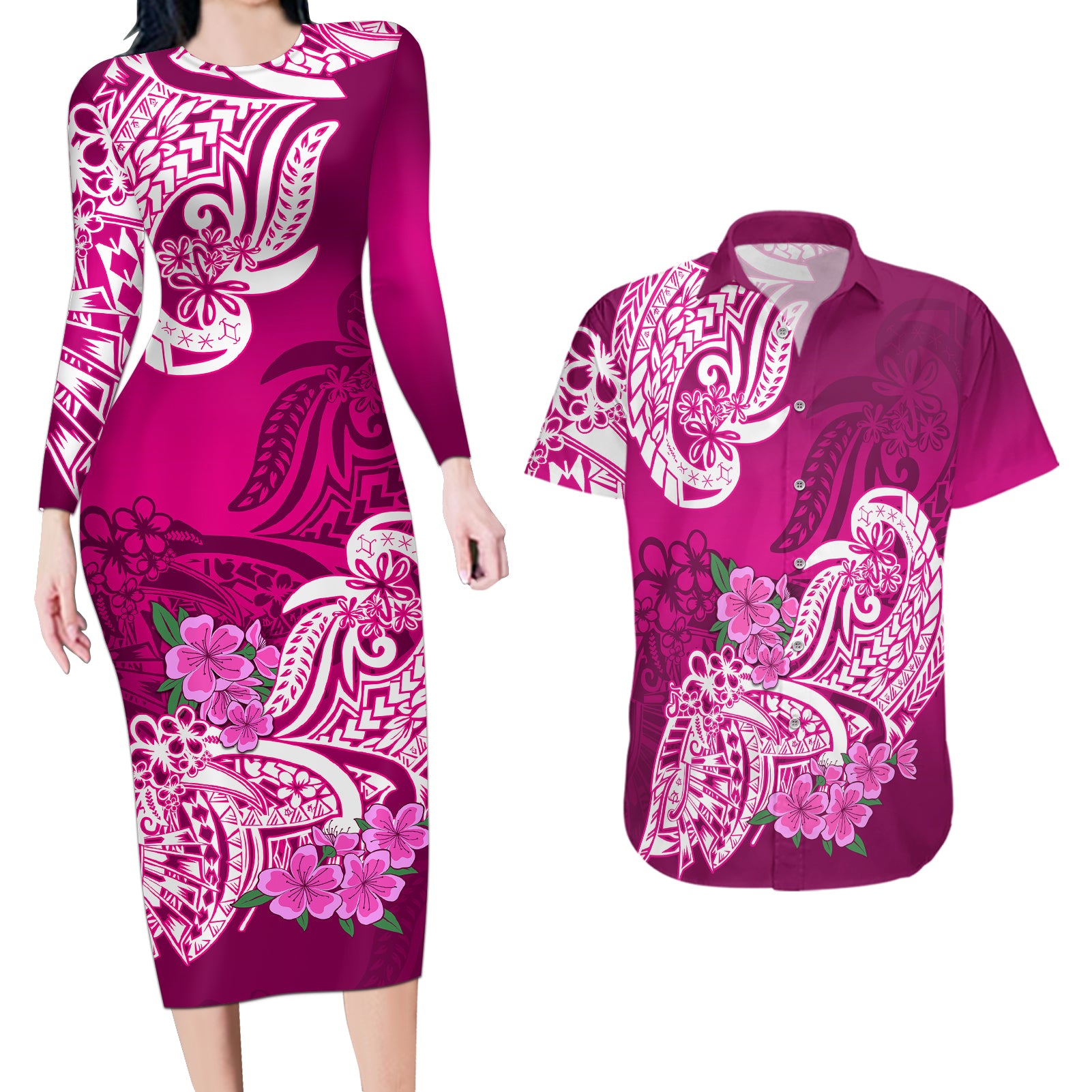 Polynesian Couples Matching Long Sleeve Bodycon Dress and Hawaiian Shirt Pacific Flower Mix Floral Tribal Tattoo Pink Vibe LT9 Pink - Polynesian Pride