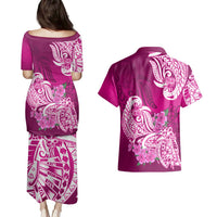 Polynesian Couples Matching Puletasi Dress and Hawaiian Shirt Pacific Flower Mix Floral Tribal Tattoo Pink Vibe LT9 - Polynesian Pride