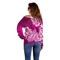 Polynesian Off Shoulder Sweater Pacific Flower Mix Floral Tribal Tattoo Pink Vibe LT9 - Polynesian Pride