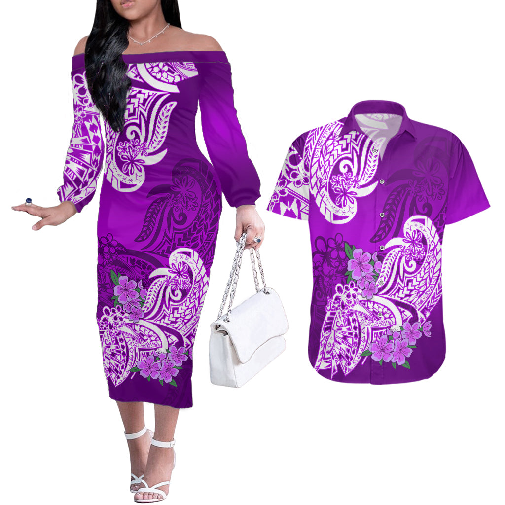 Polynesian Couples Matching Off The Shoulder Long Sleeve Dress and Hawaiian Shirt Pacific Flower Mix Floral Tribal Tattoo Purple Vibe LT9 Purple - Polynesian Pride