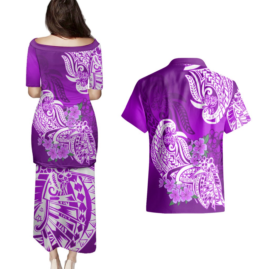 Polynesian Couples Matching Puletasi Dress and Hawaiian Shirt Pacific Flower Mix Floral Tribal Tattoo Purple Vibe LT9 - Polynesian Pride